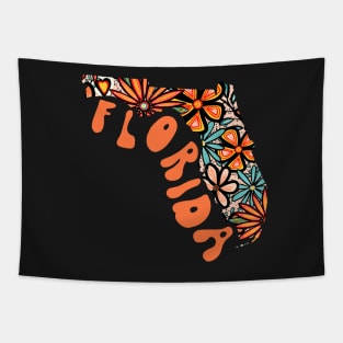 Florida State Design | Artist Designed Illustration Featuring Florida State Outline Filled With Retro Flowers with Retro Hand-Lettering Tapestry