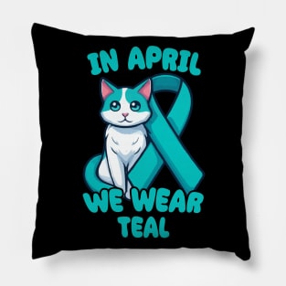 Sexual Assault And Violence Awareness Month Teal Ribbon With Cat Pillow