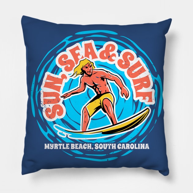 Vintage Sun, Sea & Surf Myrtle Beach, South Carolina // Retro Surfing // Surfer Catching Waves Pillow by Now Boarding