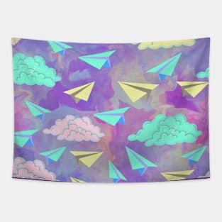 Paper planes colorful clouds design Tapestry