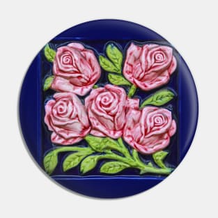 Pink Roses Majolica Floral Tile Pin