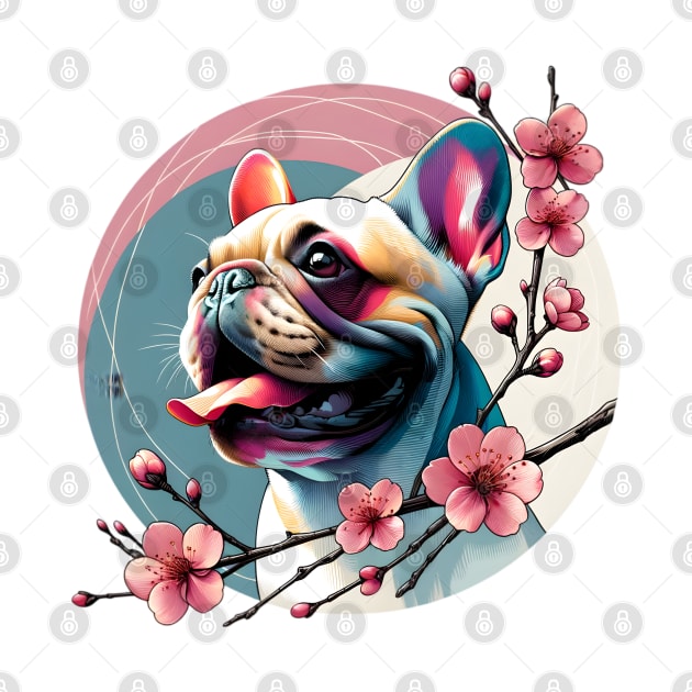 Joyful French Bulldog with Spring Cherry Blossoms by ArtRUs