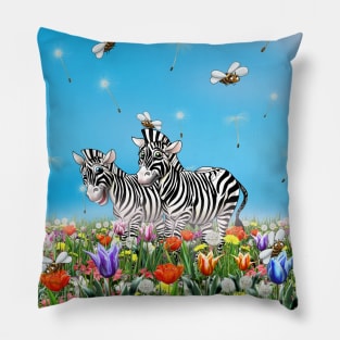 Summer Stroll, Cute Zebras, Beautiful Flowers Glad, Sunny Day, Watercolor Illustration Pillow