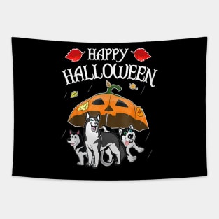 Huskys In Scary Umbrella Rain Night Happy Halloween Tapestry