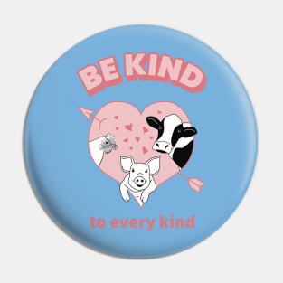 Be Kind to Every Kind quote with cute chicken, pig, and cow cartoons Pin