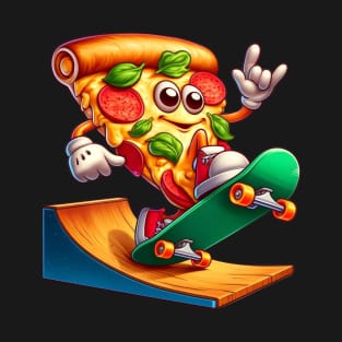 Rock On Skateboarding Pizza – Cheesy Thrill-Seeker Sticker T-Shirt