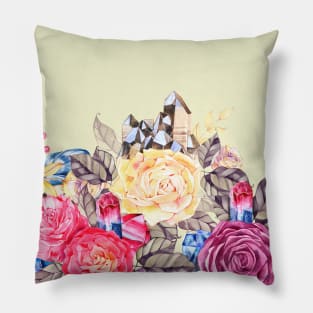 Roses and Crystal Gem Stones Watercolor Art Pillow