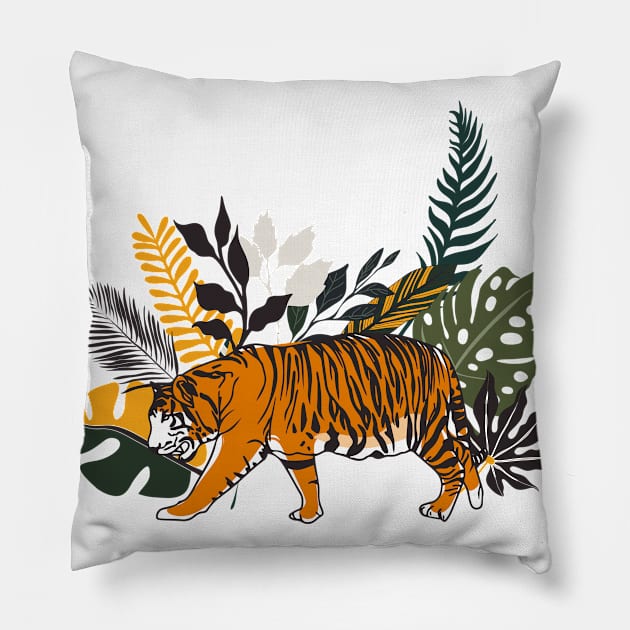 Colorful Tiger Art With Tropical Foliage Pillow by BadDesignCo