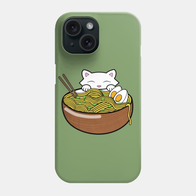 Cute cat eating ramen noodles from a wooden bowl Phone Case by Purrfect