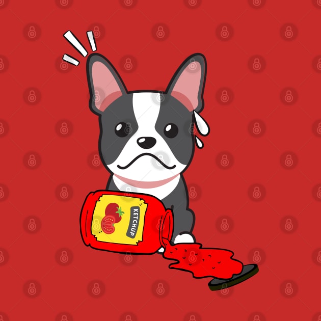 Cute French Bulldog spilled a jar of tomato ketchup by Pet Station