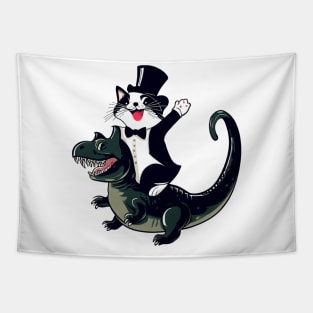 Happy cat riding a dinosaur vector funny design for cats and dinosaurs lovers Tapestry