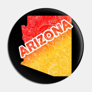 Colorful mandala art map of Arizona with text in red and orange Pin