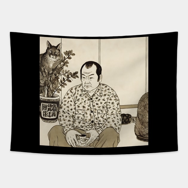 Asian elderly man sitting in lotus position drinking tea Tapestry by KOTYA