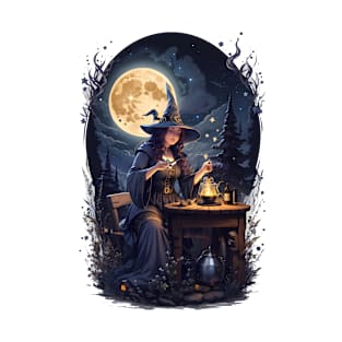 halloween Magic: The Witch Brewing Potion Under Full Moon T-Shirt