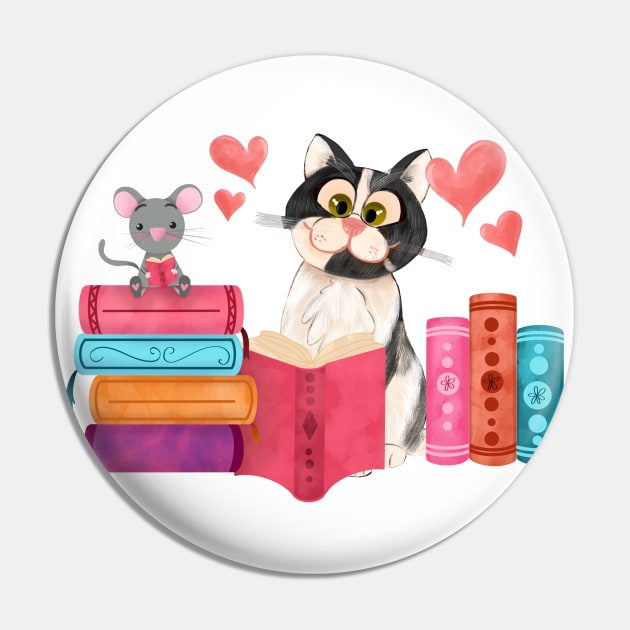 Cute little mouse and cat friend reading books Pin by PrintAmor