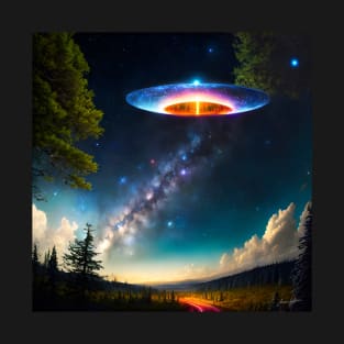 Flying Saucer in the Middle of a Forest Night Sky 2 T-Shirt