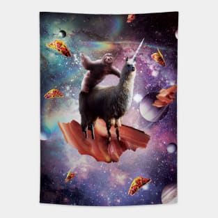 Sloth Riding Unicorn Llama on Bacon in Cosmos Tapestry