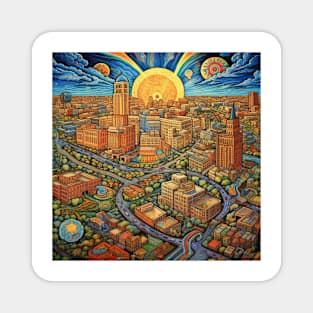 Sun Over Folk Art Cityscape Magnet