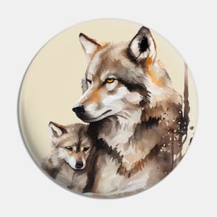 Watercolor Illustration of Wolf Mother with a Baby Pin