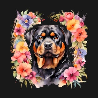 A rottweiler decorated with beautiful watercolor flowers T-Shirt