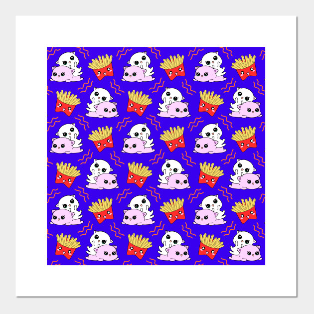 Cute Sweet Adorable Kawaii Playful Cats Yummy Happy Funny French Fries Cartoon Midnight Blue Pattern Design Kittens And Comfort Food Kawaii Food Posters And Art Prints Teepublic Uk