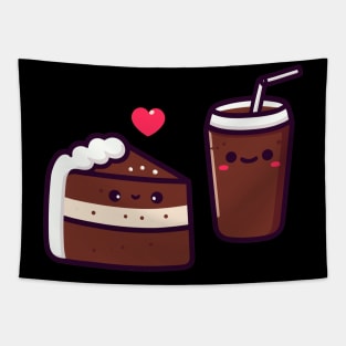 Kawaii Chocolate Cake and Cola Drink Couple with a Heart | Cute Kawaii Food Art Tapestry