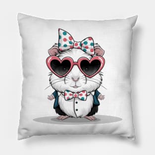 Guinea pig print design wearing heart-shaped sunglasses and bow tie with polka dot headband, cute cartoon style Pillow