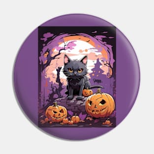 Halloween black cat with spooky pumpkins Pin