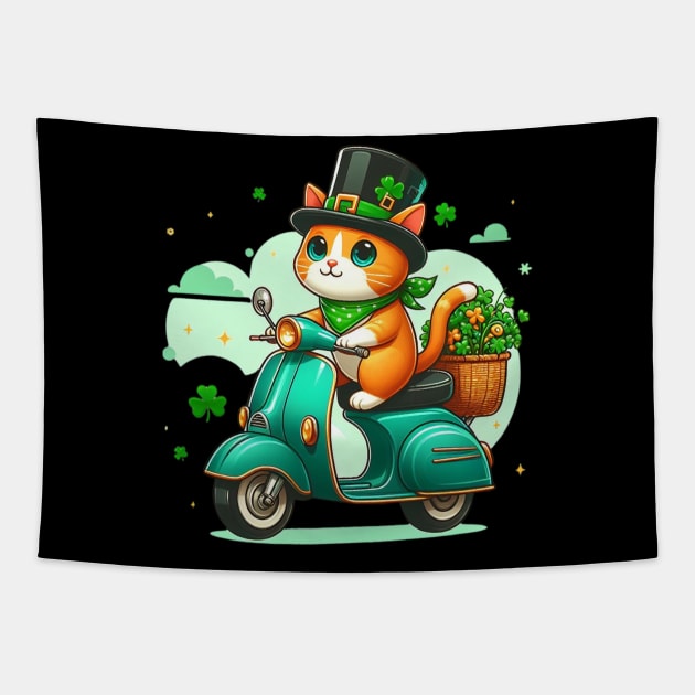 Celebrate St Patricks Day Day with a cute and colorful Cat on a Motorcycle design Tapestry by click2print