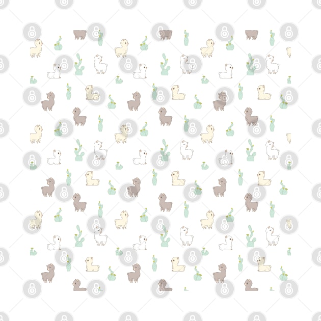 Cactus and Alpacas Pattern in White by Noristudio