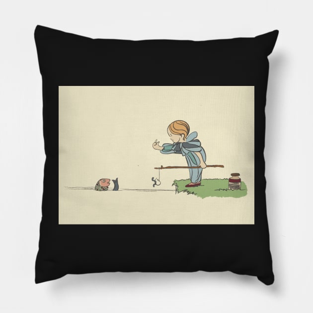 Vintage boy fishing by a lake Pillow by NattyDesigns