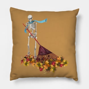 Skeleton Raking Leaves Pillow