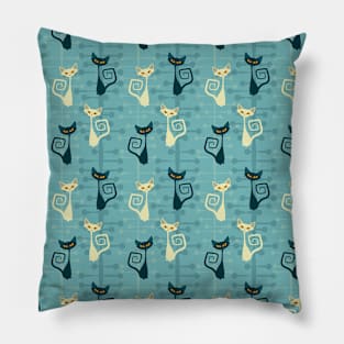 Black and White Atomic Kitties on Ice blue Pillow