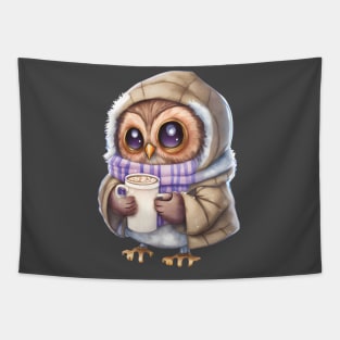 Chibi Owl Drinking Hot Chocolate cute christmas snow design series 4 Tapestry