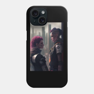 Futuristic Lesbian Lovers Embrace Over City Skyline Phone Case