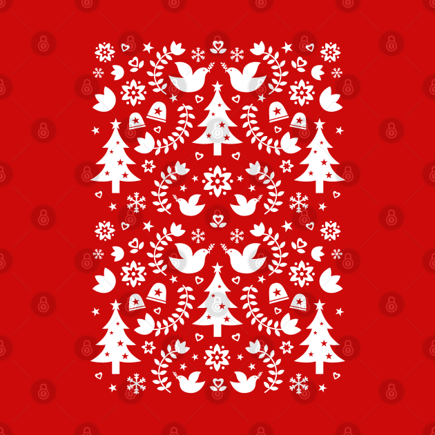 Scandinavian Vintage Christmas Doves Trees Pattern - White by PUFFYP