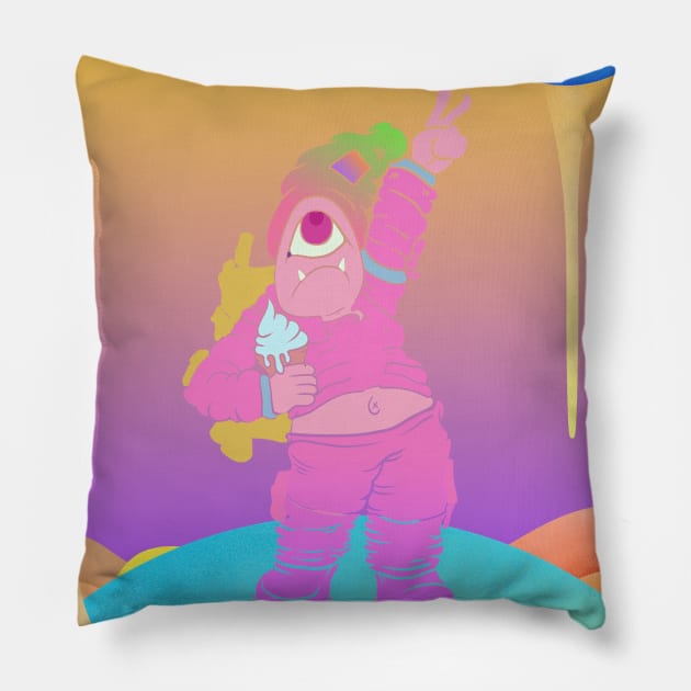 Dope one eye monster character holding an icecream illustration Pillow by slluks_shop