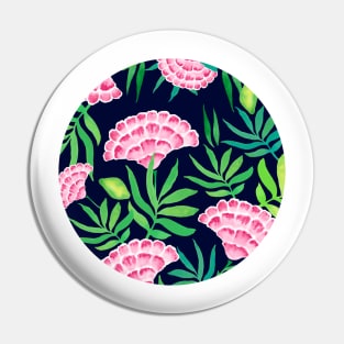 Tropical flowers watercolor pattern on dark blue background Pin