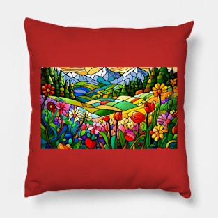 Stained Glass Colorful Mountain Meadow Pillow