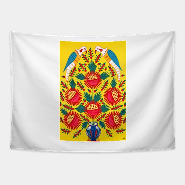 Maria Prymachenko Flowers in a Pot and Parrots Art Print Ukrainian Folk Art Tapestry by ZiggyPrint