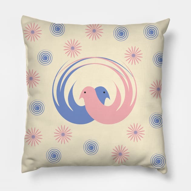 Two birds: blue and pink Pillow by Evgeniya