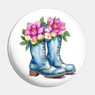 Cute Blue Boots Violet Purple Peony Bouquet Watercolor Flower Boots Drawing Pin