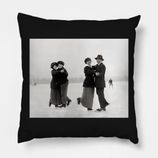 Ice Skating Couples, 1915. Vintage Photo Pillow