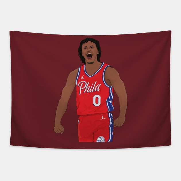 Tyrese Maxey Digital Illustration Tapestry by fmmgraphicdesign