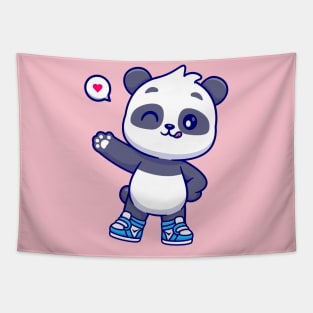 Cute Panda Wearing Shoes And Waving Hand Cartoon Tapestry