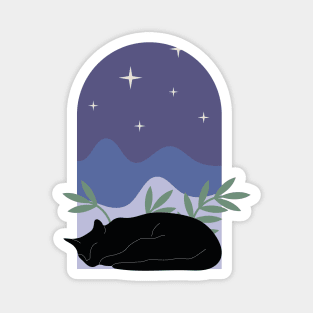 Sleepy cozy black cat with plants and night sky in boho minimalist style Magnet