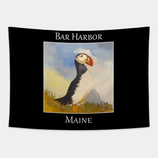 Vibrant artists rendering of a puffin bird representing the wildlife found in Portland Maine. Tapestry