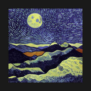 Night sky and bright moon painting, Vincent van Gogh style, oil on canvas T-Shirt