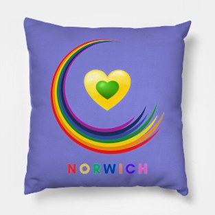 Norwich Pride Rainbow with green and yellow hearts Pillow