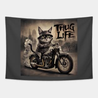 Thug Life Cat Riding Motorcycle Tapestry